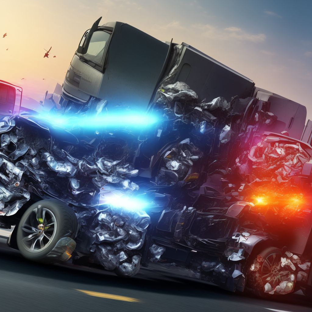 Person on outside of heavy transport vehicle injured in collision with pedestrian or animal in traffic accident, subsequent encounter digital illustration