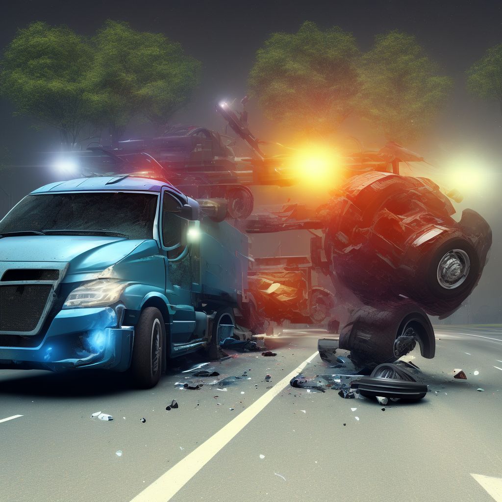 Driver of heavy transport vehicle injured in collision with pedal cycle in nontraffic accident, subsequent encounter digital illustration