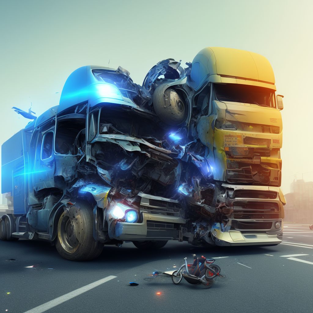 Person on outside of heavy transport vehicle injured in collision with pedal cycle in nontraffic accident, initial encounter digital illustration