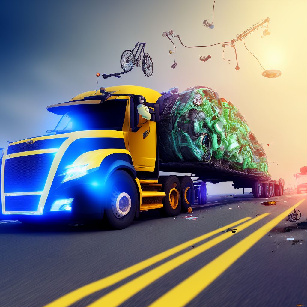 Driver of heavy transport vehicle injured in collision with pedal cycle in traffic accident, sequela digital illustration