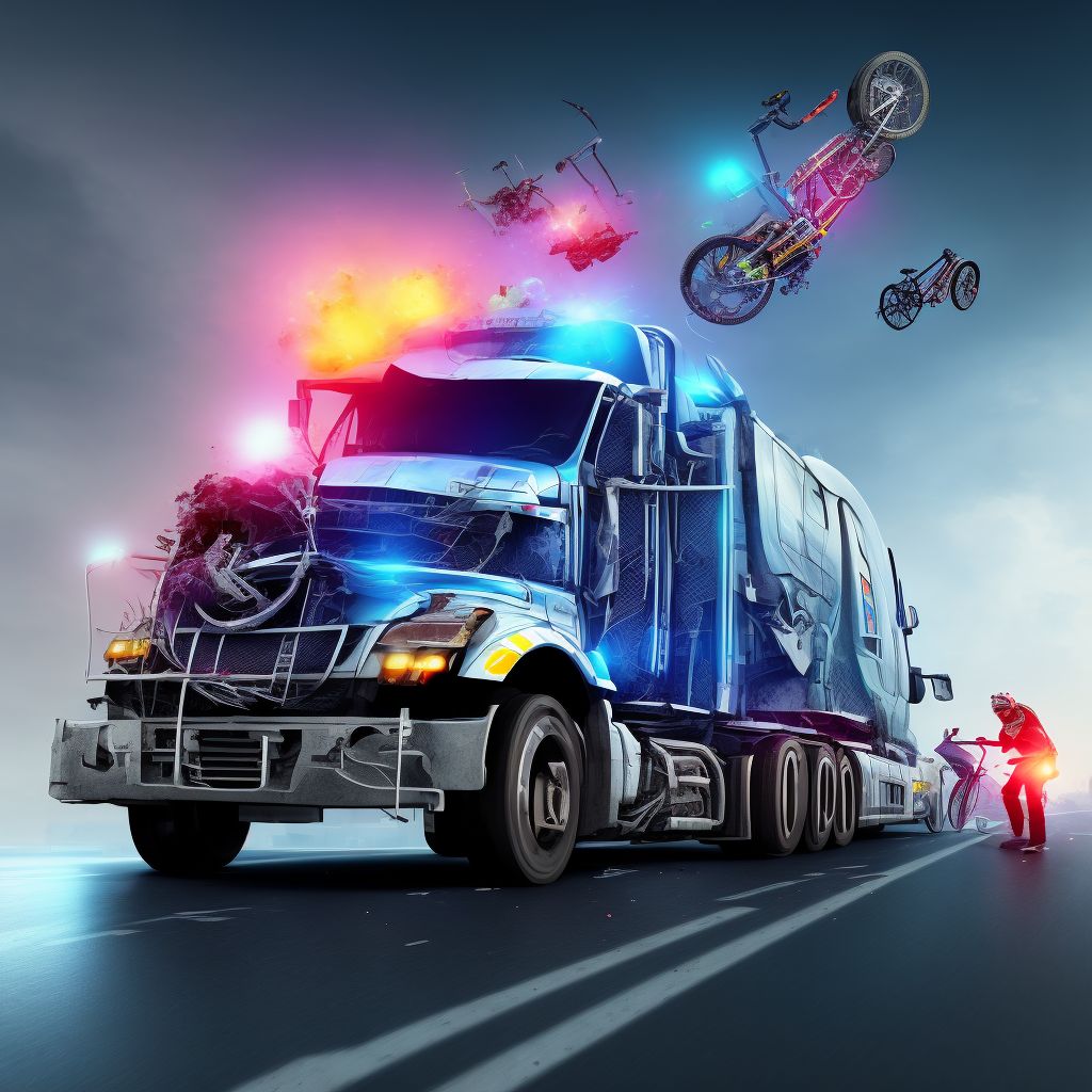 Person on outside of heavy transport vehicle injured in collision with pedal cycle in traffic accident, sequela digital illustration