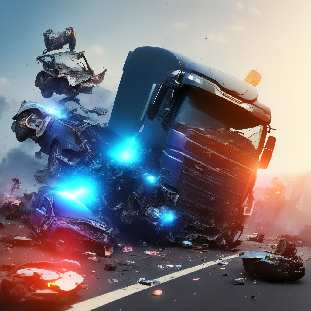 Unspecified occupant of heavy transport vehicle injured in collision with pedal cycle in traffic accident, initial encounter digital illustration