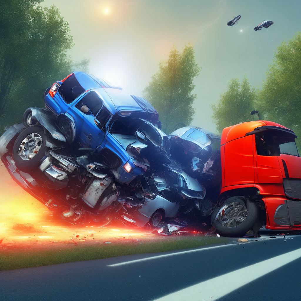 Driver of heavy transport vehicle injured in collision with two- or three-wheeled motor vehicle in nontraffic accident, initial encounter digital illustration