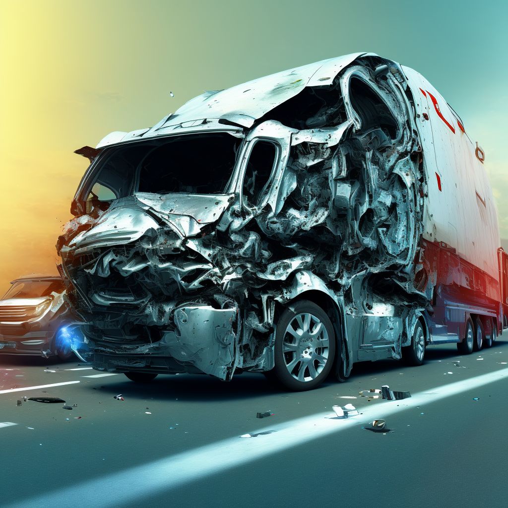 Passenger in heavy transport vehicle injured in collision with two- or three-wheeled motor vehicle in nontraffic accident, subsequent encounter digital illustration