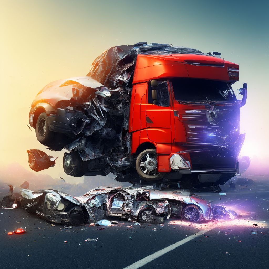 Passenger in heavy transport vehicle injured in collision with two- or three-wheeled motor vehicle in nontraffic accident, sequela digital illustration