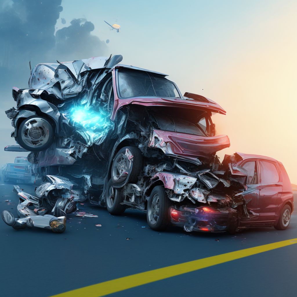 Person on outside of heavy transport vehicle injured in collision with two- or three-wheeled motor vehicle in nontraffic accident, subsequent encounter digital illustration