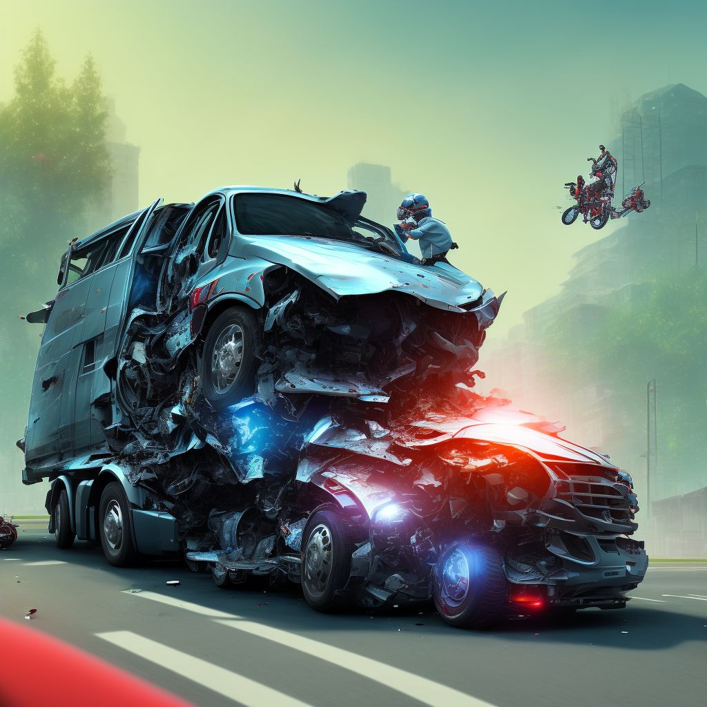 Person on outside of heavy transport vehicle injured in collision with two- or three-wheeled motor vehicle in nontraffic accident, sequela digital illustration