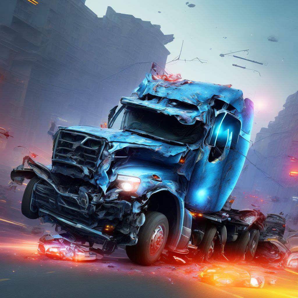 Driver of heavy transport vehicle injured in collision with two- or three-wheeled motor vehicle in traffic accident, initial encounter digital illustration