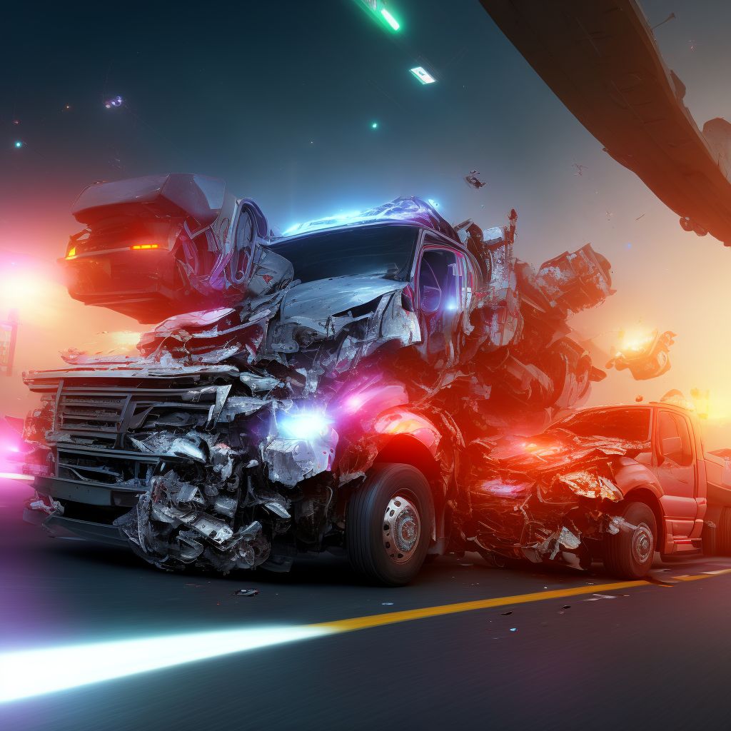 Driver of heavy transport vehicle injured in collision with two- or three-wheeled motor vehicle in traffic accident, sequela digital illustration