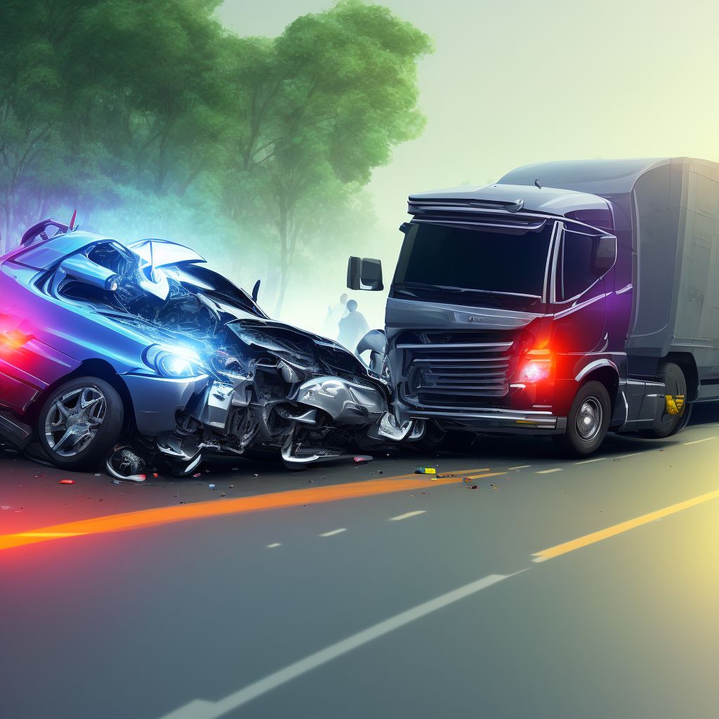 Person on outside of heavy transport vehicle injured in collision with two- or three-wheeled motor vehicle in traffic accident, subsequent encounter digital illustration