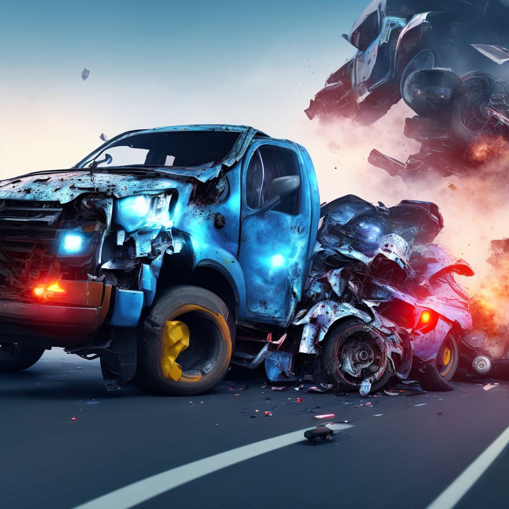 Person on outside of heavy transport vehicle injured in collision with car, pick-up truck or van in nontraffic accident, initial encounter digital illustration