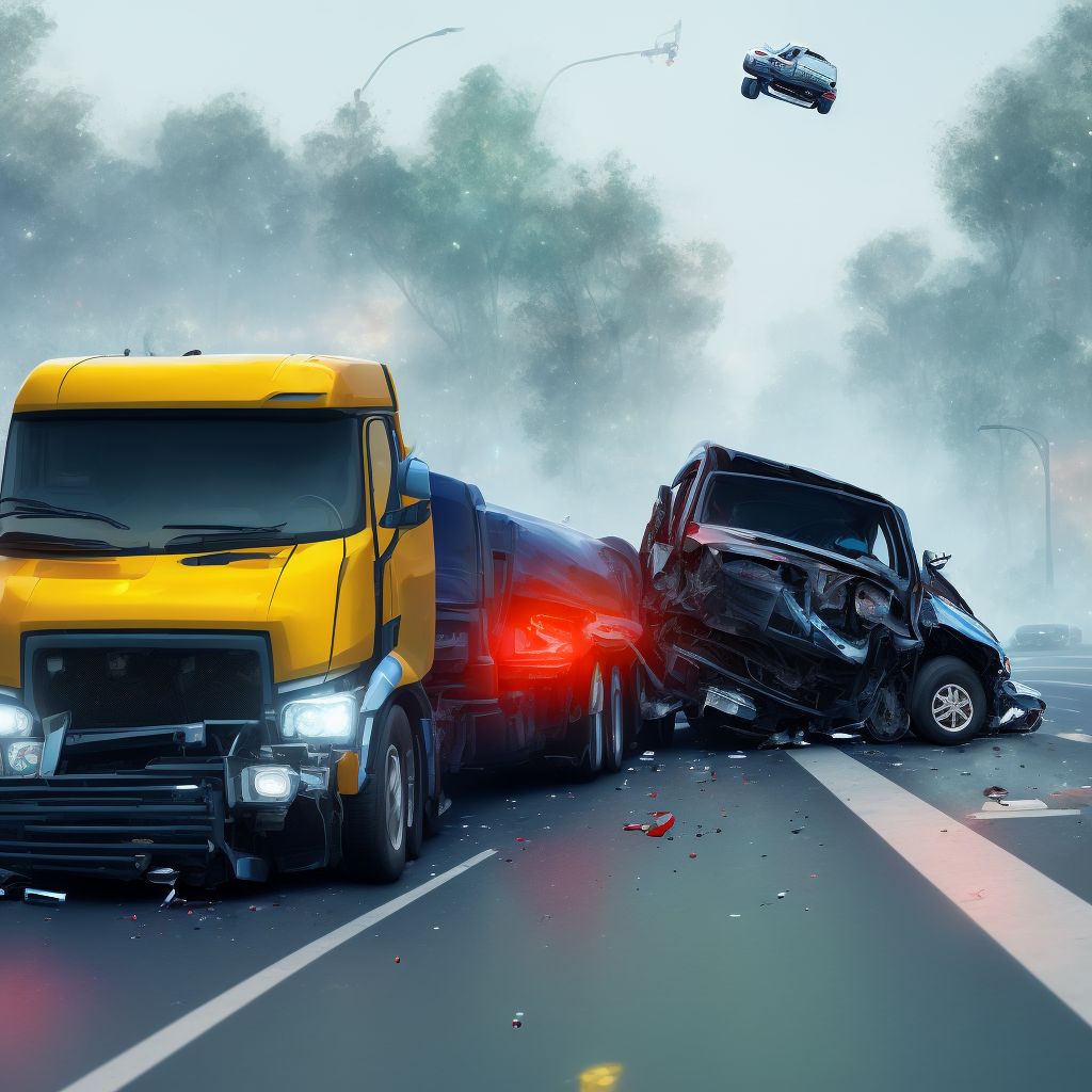 Person on outside of heavy transport vehicle injured in collision with car, pick-up truck or van in nontraffic accident, subsequent encounter digital illustration