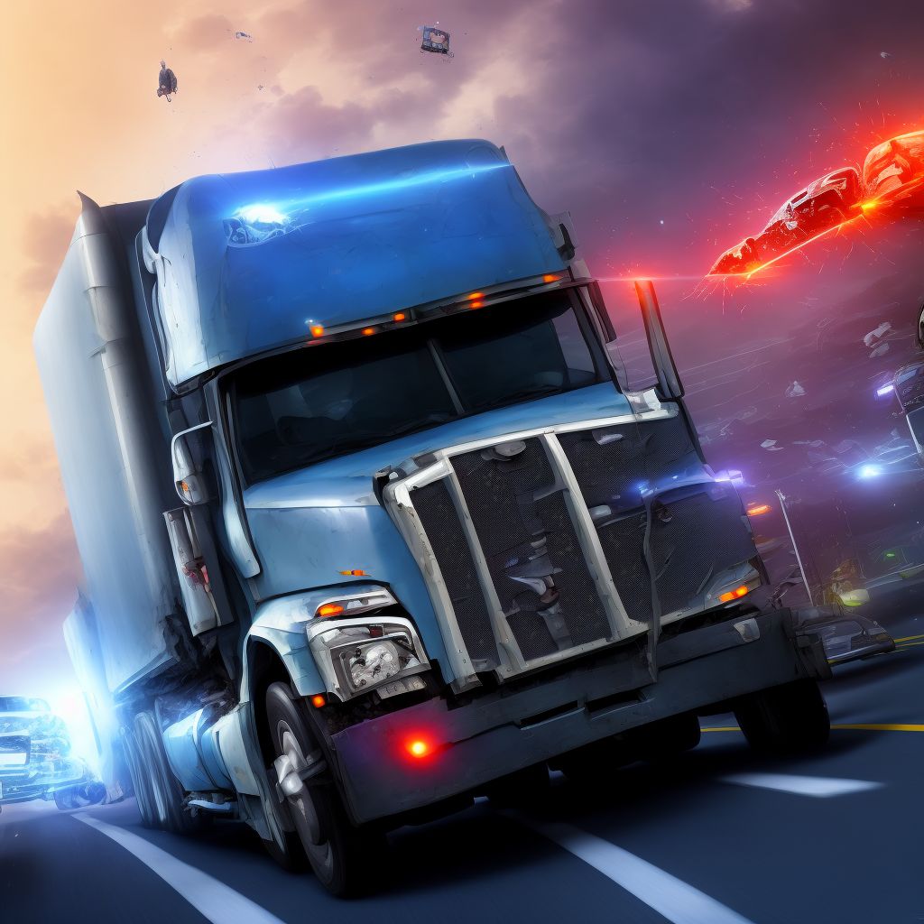 Driver of heavy transport vehicle injured in collision with car, pick-up truck or van in traffic accident, initial encounter digital illustration