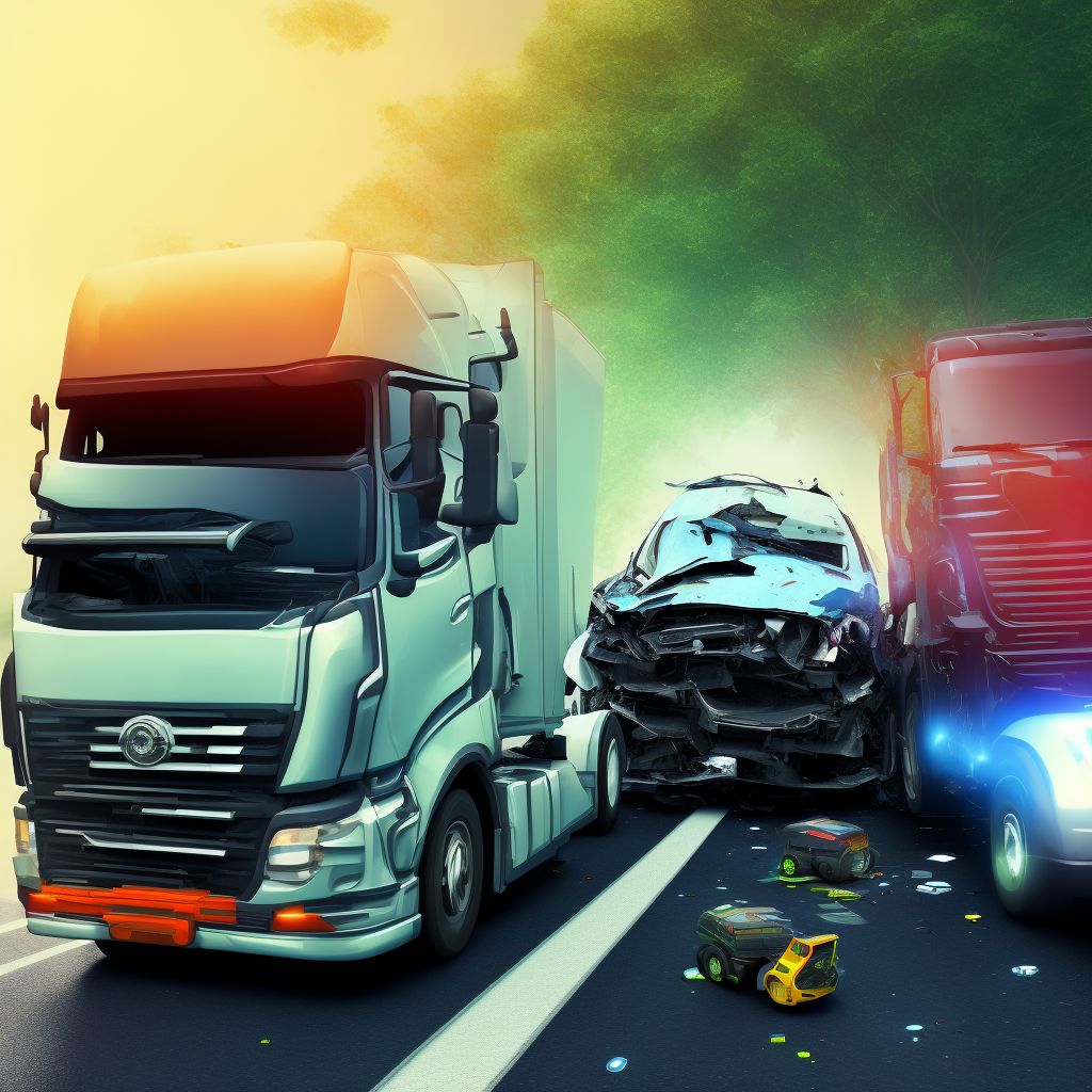 Driver of heavy transport vehicle injured in collision with car, pick-up truck or van in traffic accident, subsequent encounter digital illustration