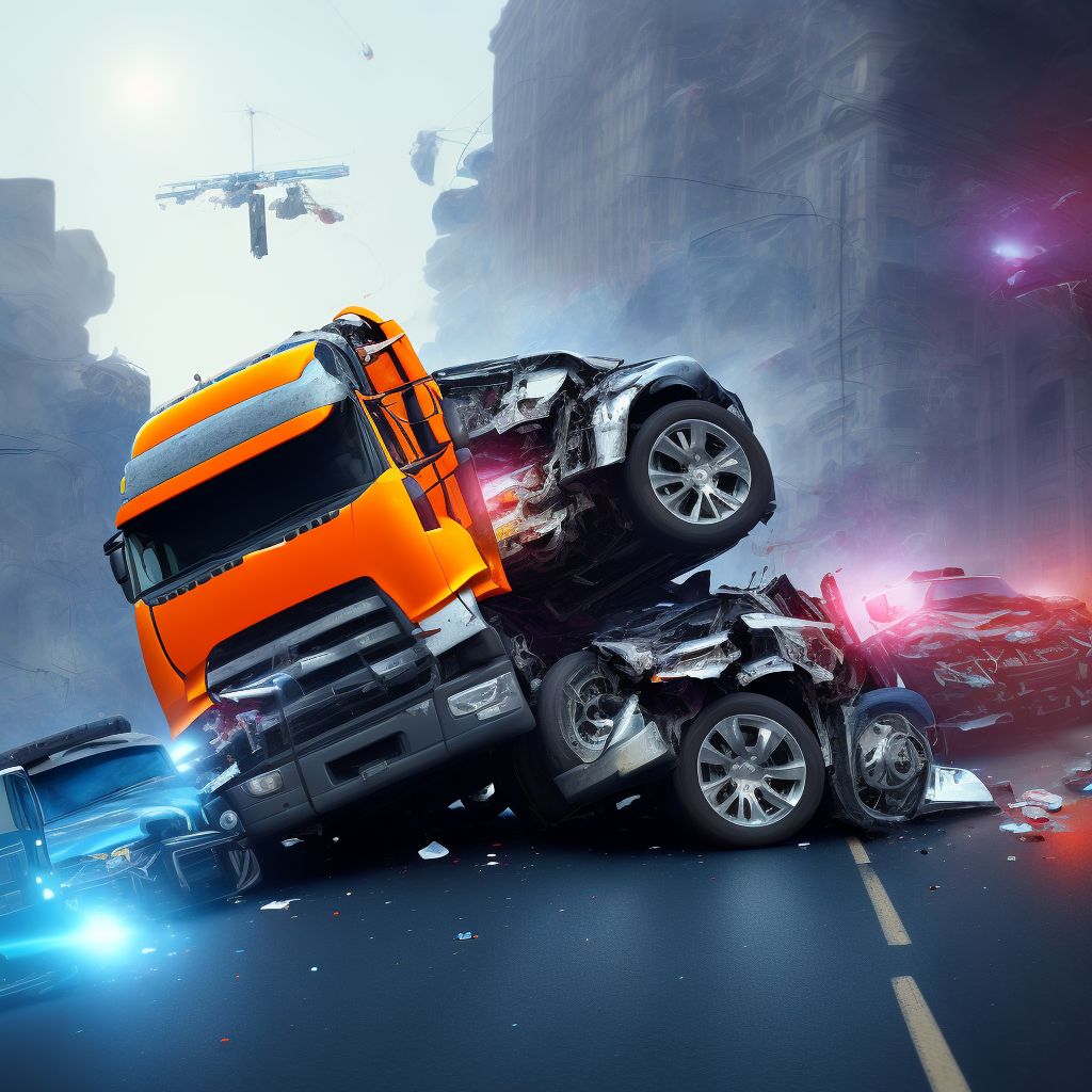 Driver of heavy transport vehicle injured in collision with car, pick-up truck or van in traffic accident, sequela digital illustration