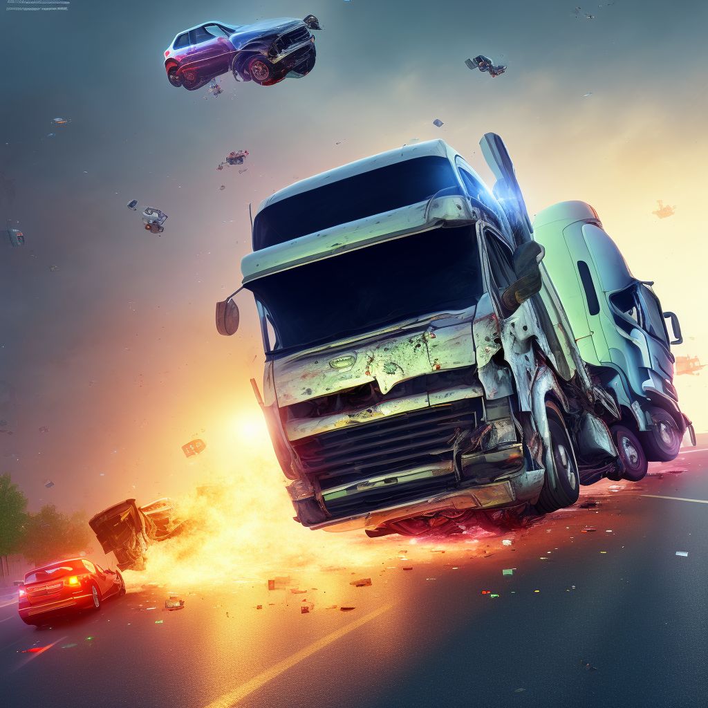 Passenger in heavy transport vehicle injured in collision with car, pick-up truck or van in traffic accident, subsequent encounter digital illustration