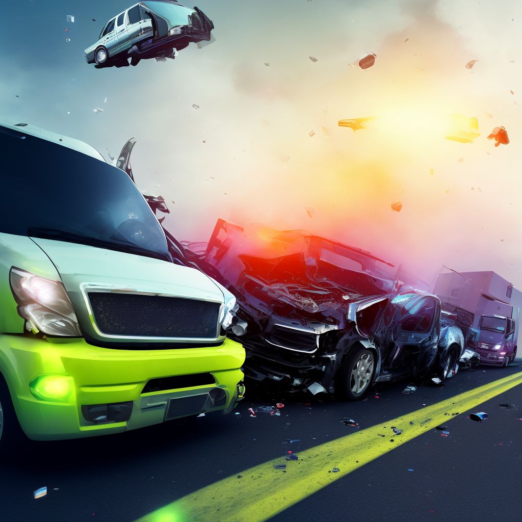 Passenger in heavy transport vehicle injured in collision with car, pick-up truck or van in traffic accident, sequela digital illustration