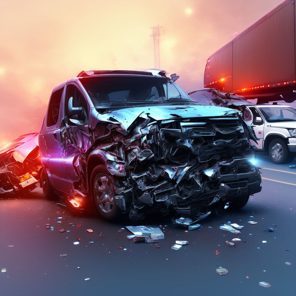 Person on outside of heavy transport vehicle injured in collision with car, pick-up truck or van in traffic accident, subsequent encounter digital illustration