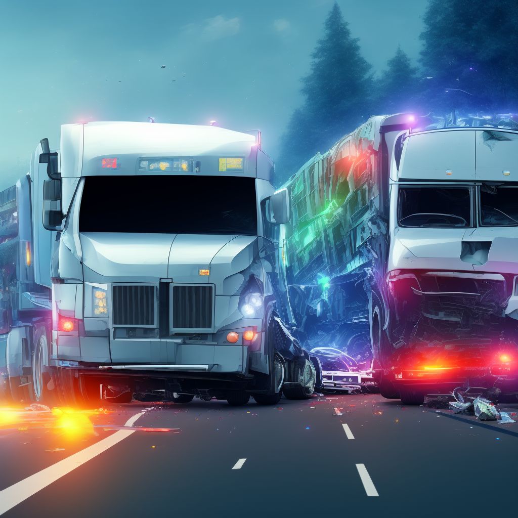 Person on outside of heavy transport vehicle injured in collision with heavy transport vehicle or bus in traffic accident, initial encounter digital illustration