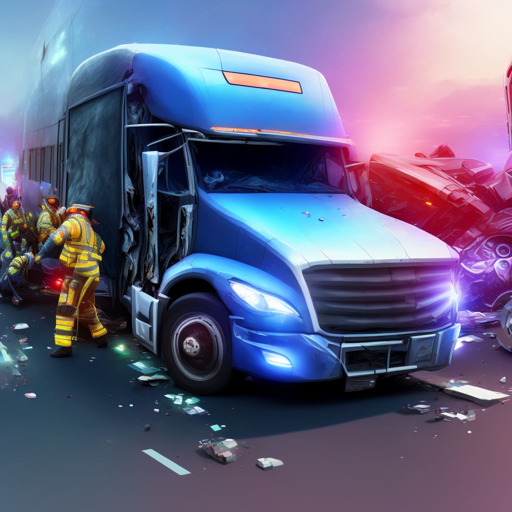 Person on outside of heavy transport vehicle injured in collision with heavy transport vehicle or bus in traffic accident, subsequent encounter digital illustration