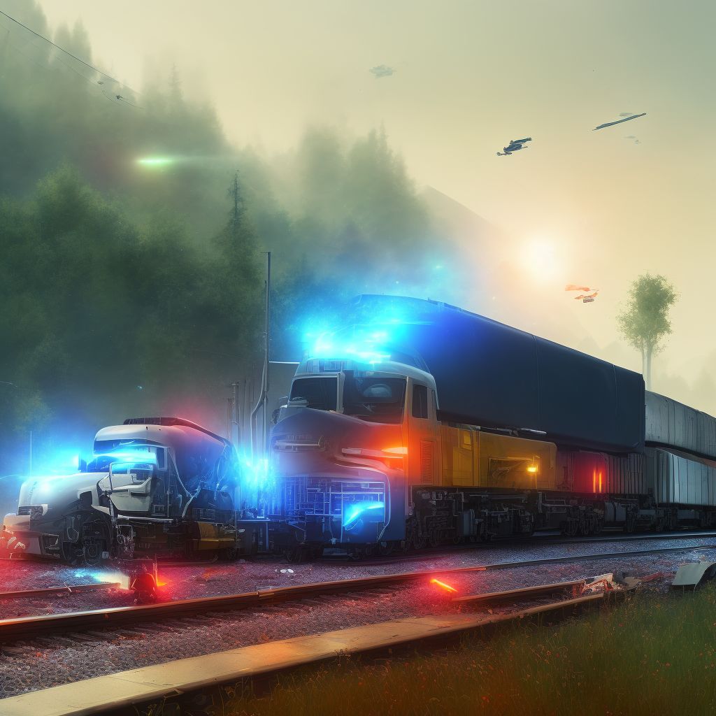 Driver of heavy transport vehicle injured in collision with railway train or railway vehicle in traffic accident, initial encounter digital illustration