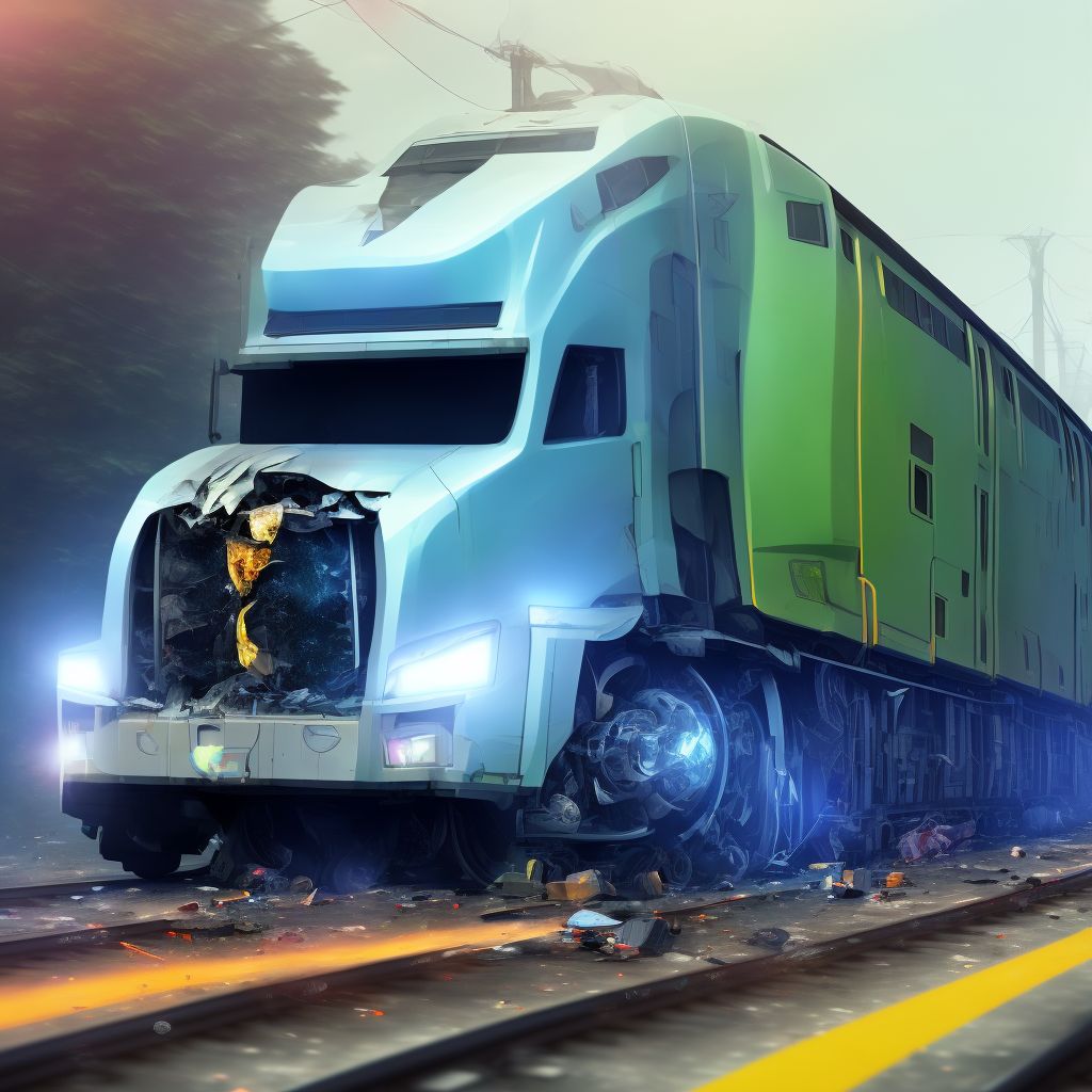 Unspecified occupant of heavy transport vehicle injured in collision with railway train or railway vehicle in traffic accident, subsequent encounter digital illustration