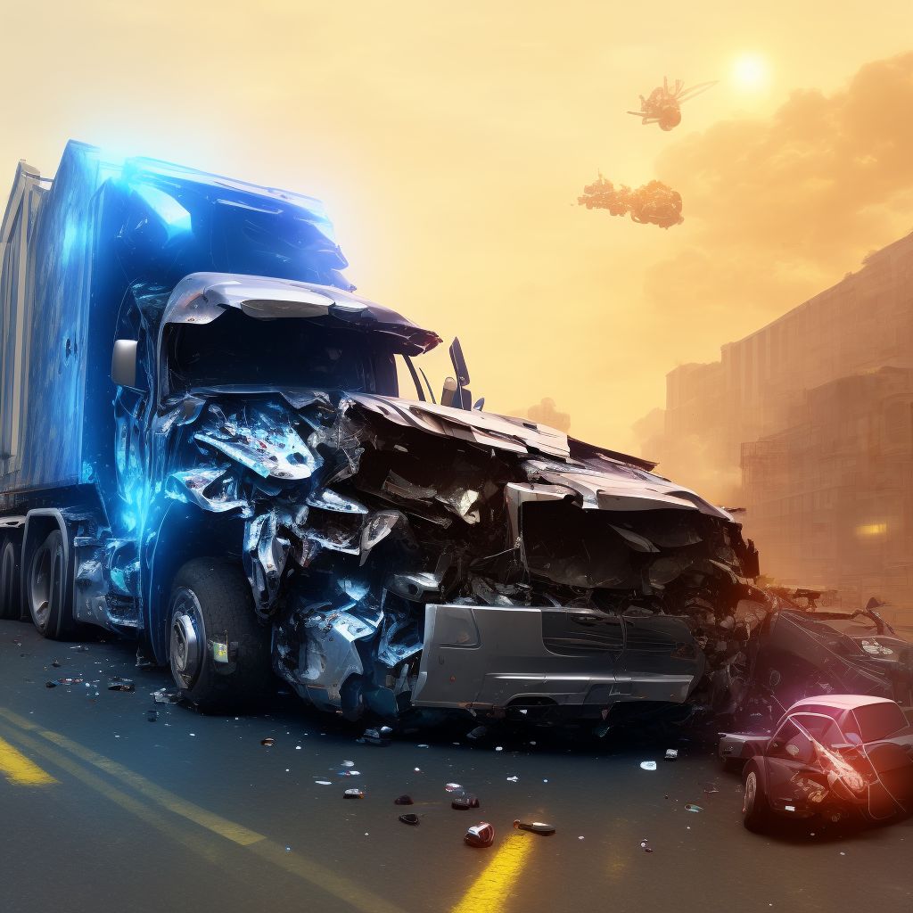 Person on outside of heavy transport vehicle injured in collision with other nonmotor vehicle in nontraffic accident, sequela digital illustration