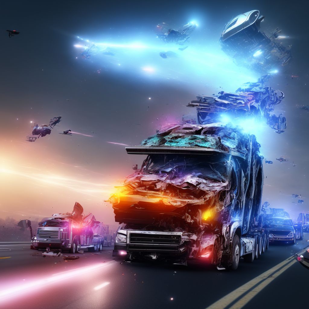 Person on outside of heavy transport vehicle injured in collision with other nonmotor vehicle in traffic accident, subsequent encounter digital illustration