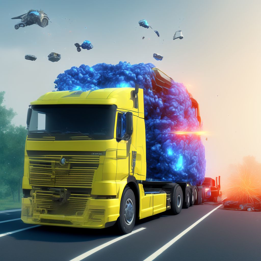 Driver of heavy transport vehicle injured in collision with fixed or stationary object in nontraffic accident, initial encounter digital illustration