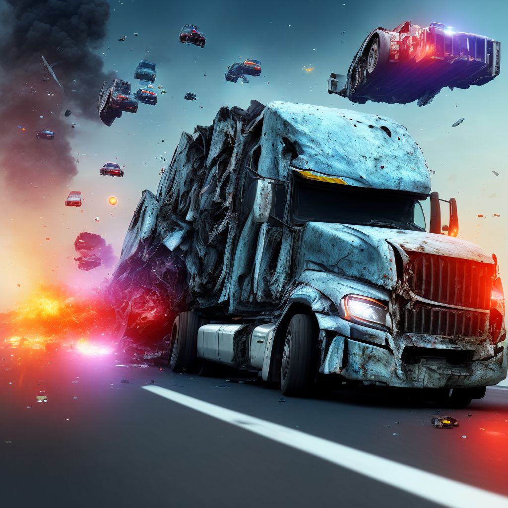 Driver of heavy transport vehicle injured in collision with fixed or stationary object in traffic accident, initial encounter digital illustration