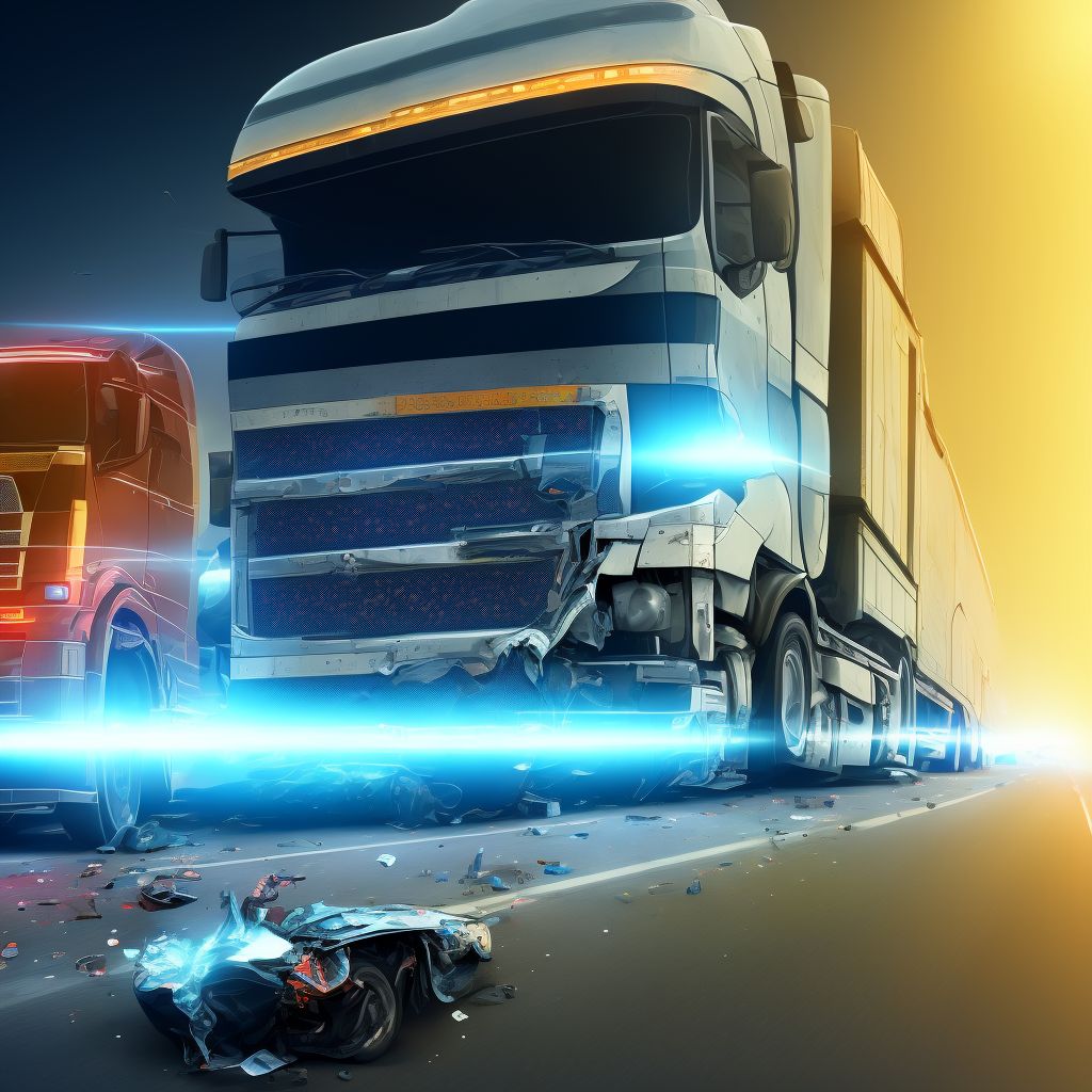 Driver of heavy transport vehicle injured in collision with fixed or stationary object in traffic accident, subsequent encounter digital illustration