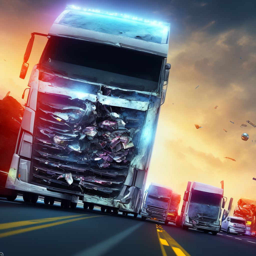 Driver of heavy transport vehicle injured in collision with fixed or stationary object in traffic accident, sequela digital illustration