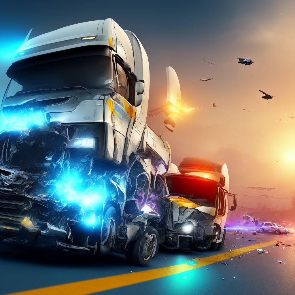 Passenger in heavy transport vehicle injured in collision with fixed or stationary object in traffic accident, subsequent encounter digital illustration