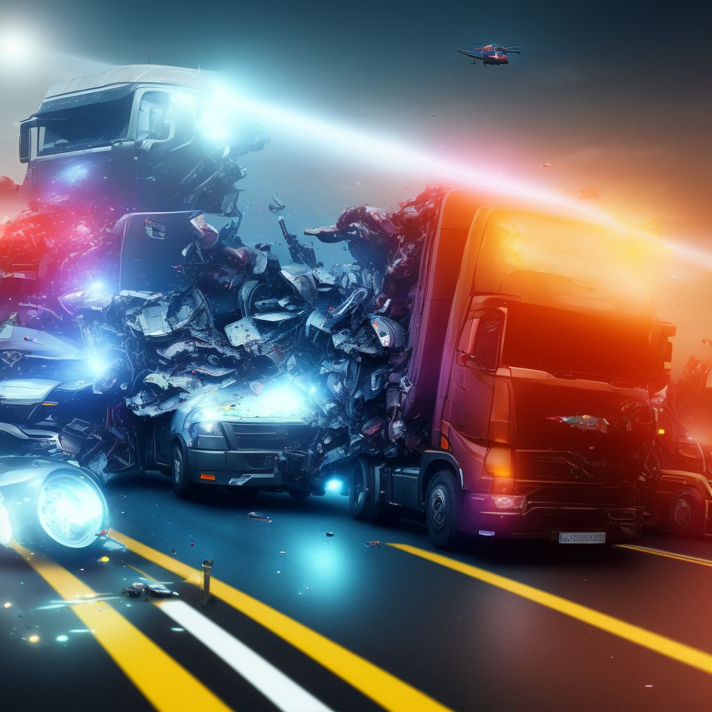 Person on outside of heavy transport vehicle injured in collision with fixed or stationary object in traffic accident, initial encounter digital illustration