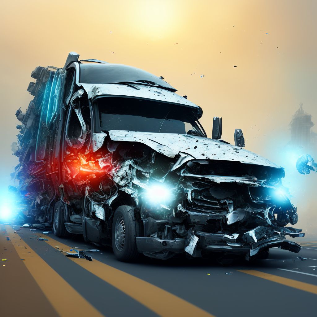 Unspecified occupant of heavy transport vehicle injured in collision with fixed or stationary object in traffic accident, subsequent encounter digital illustration