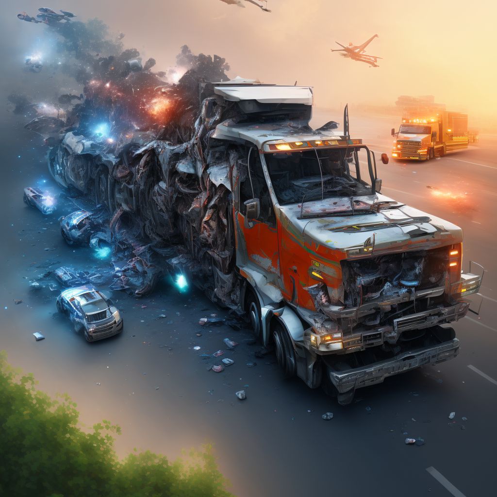 Person on outside of heavy transport vehicle injured in noncollision transport accident in nontraffic accident, subsequent encounter digital illustration