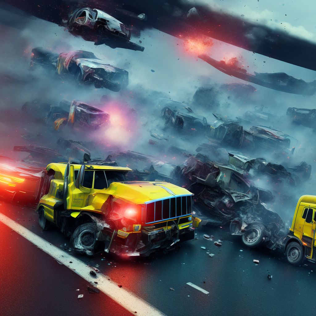 Driver of heavy transport vehicle injured in collision with unspecified motor vehicles in nontraffic accident, initial encounter digital illustration