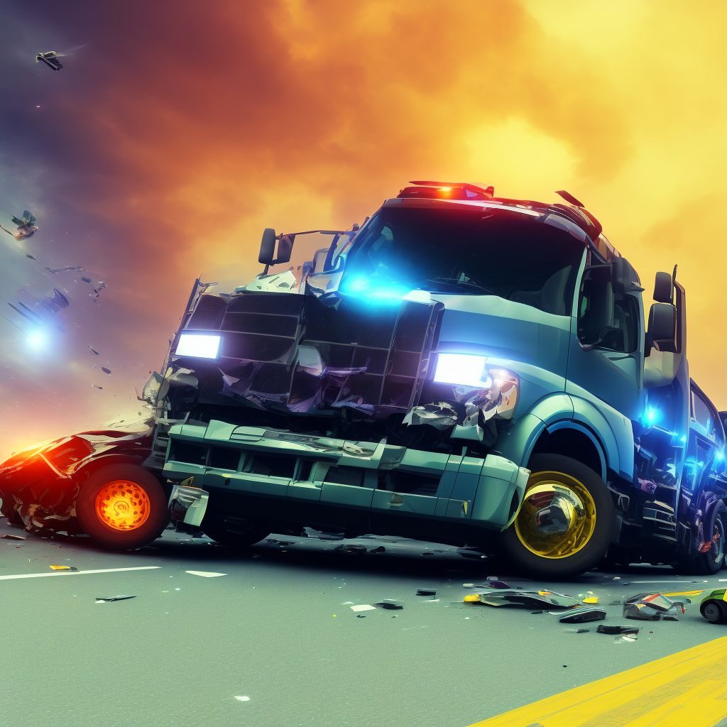 Driver of heavy transport vehicle injured in collision with unspecified motor vehicles in nontraffic accident, subsequent encounter digital illustration