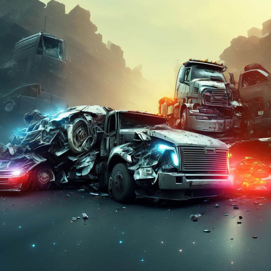 Driver of heavy transport vehicle injured in collision with other motor vehicles in nontraffic accident, subsequent encounter digital illustration