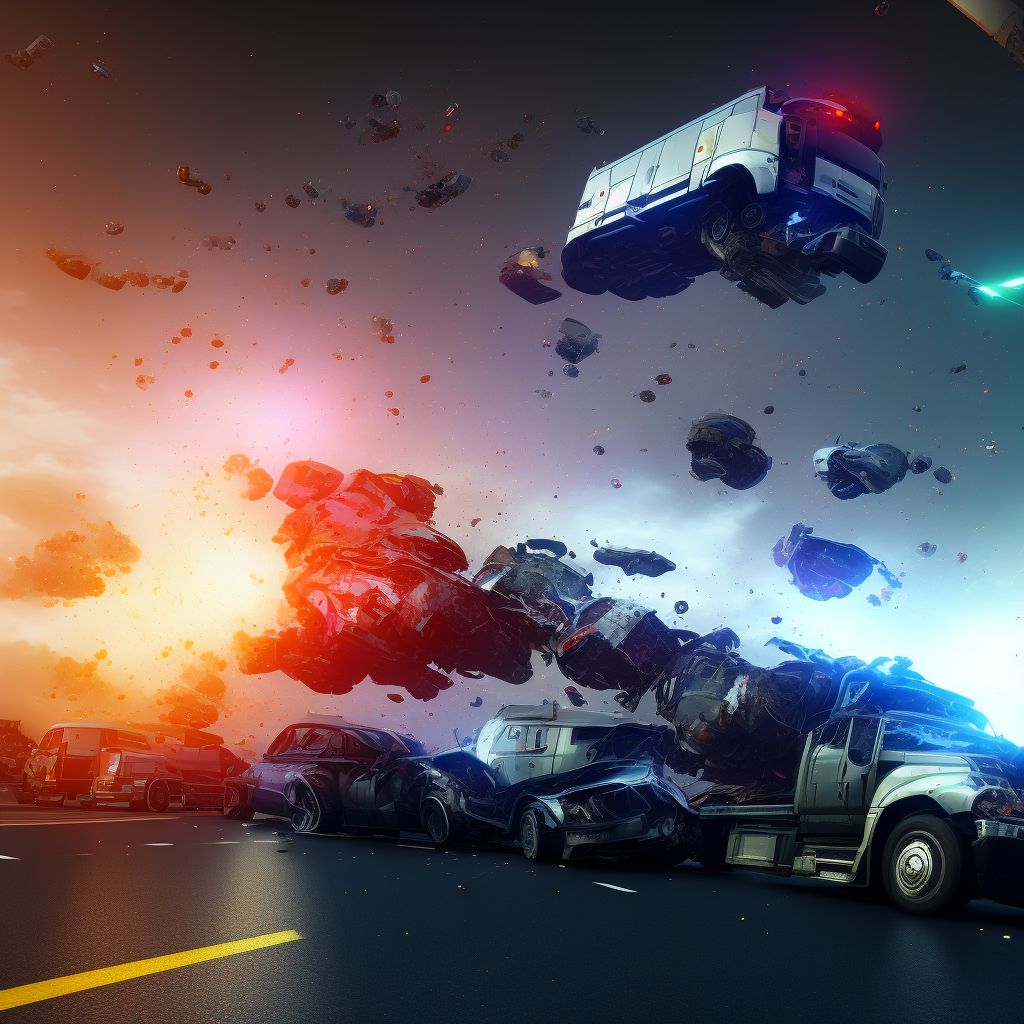 Driver of heavy transport vehicle injured in collision with unspecified motor vehicles in traffic accident, initial encounter digital illustration