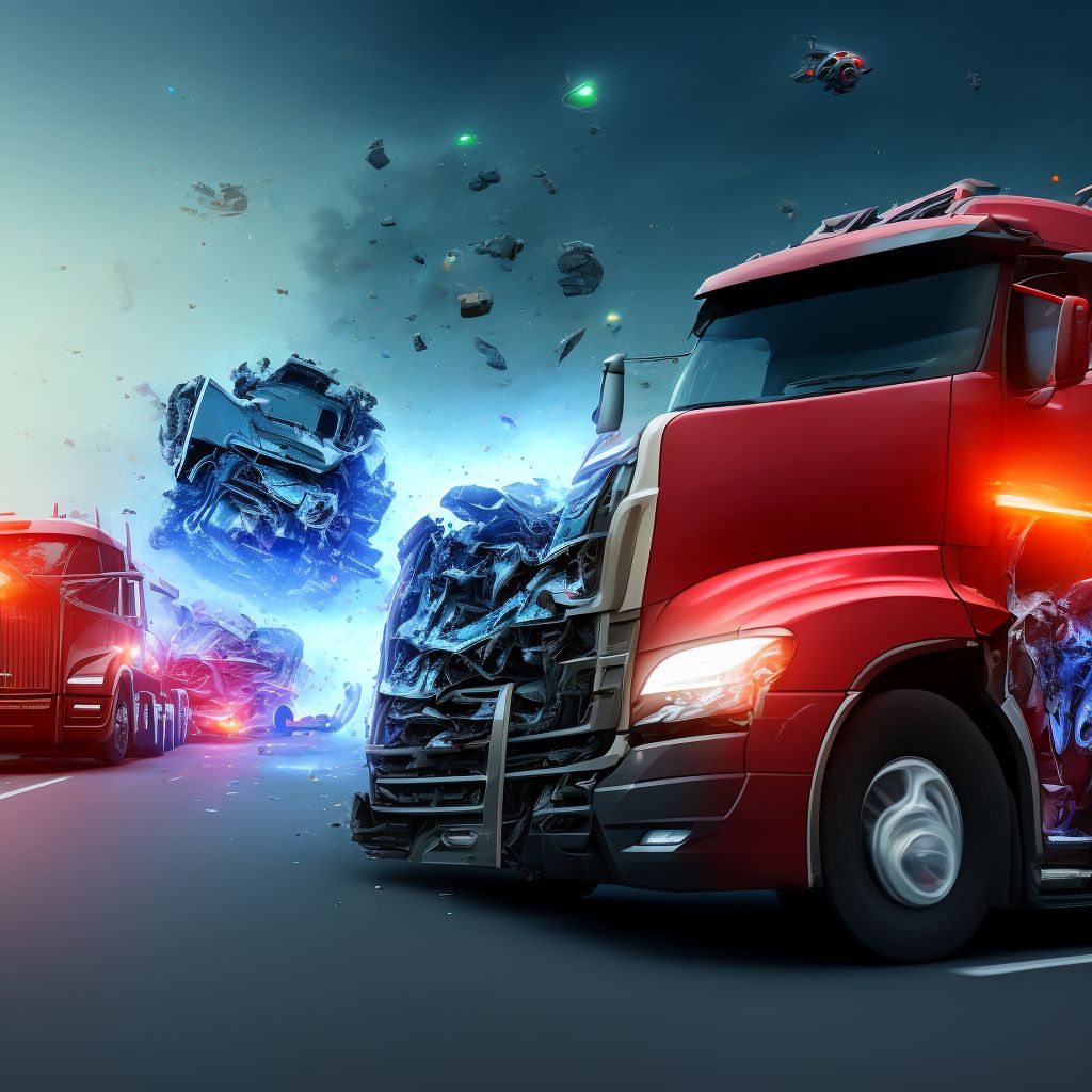 Driver of heavy transport vehicle injured in collision with other motor vehicles in traffic accident, subsequent encounter digital illustration