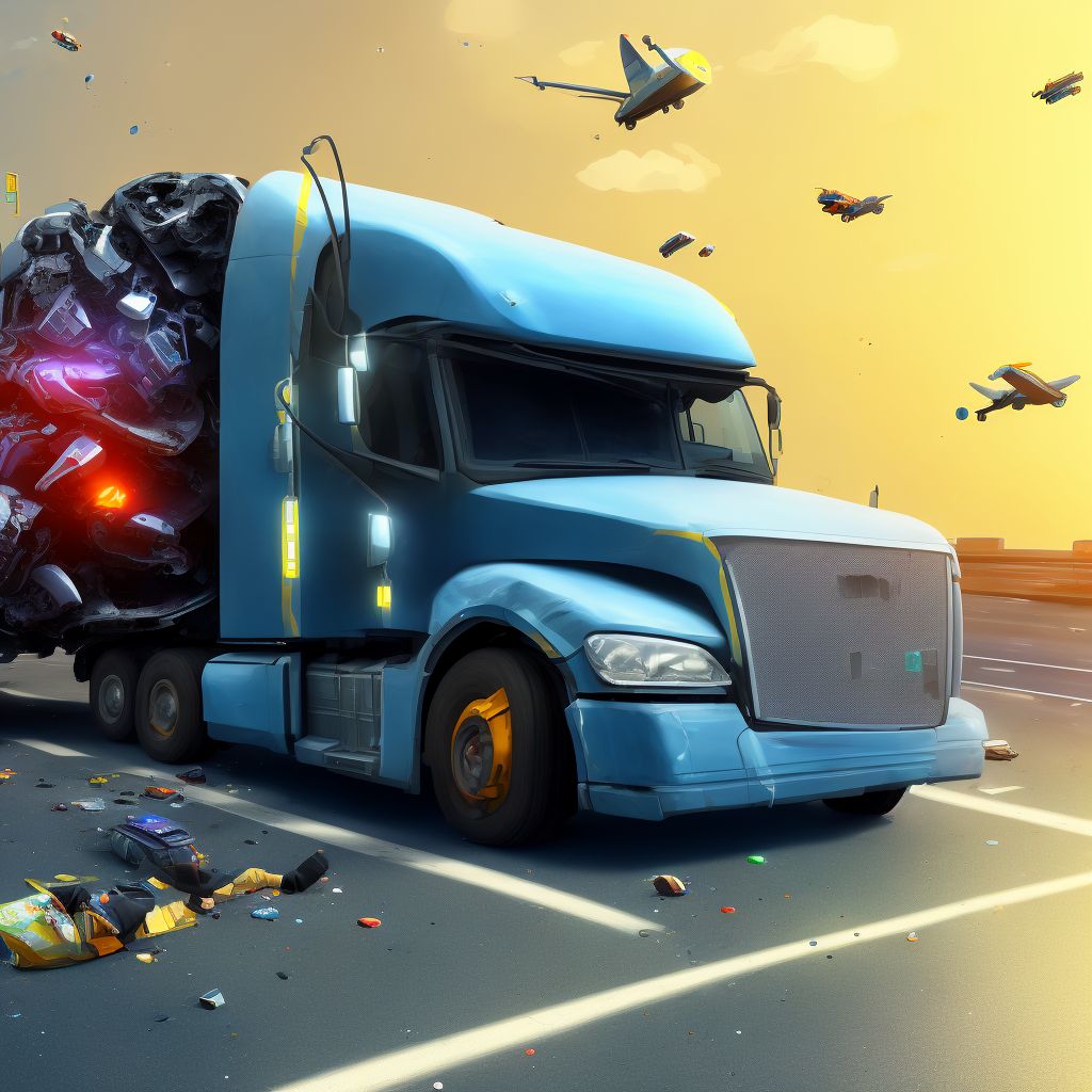 Passenger in heavy transport vehicle injured in collision with unspecified motor vehicles in traffic accident, sequela digital illustration