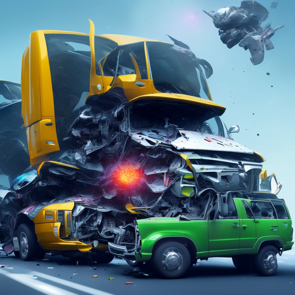 Unspecified occupant of heavy transport vehicle injured in collision with unspecified motor vehicles in traffic accident, initial encounter digital illustration