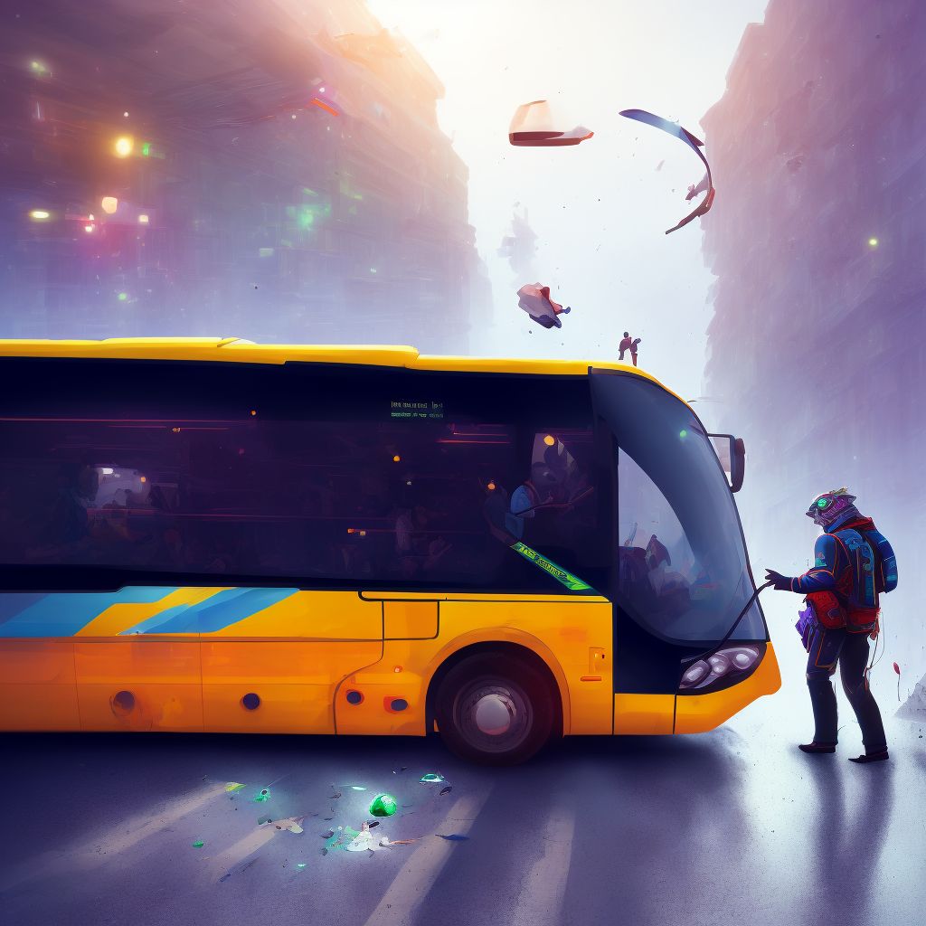 Person boarding or alighting from bus injured in collision with pedal cycle, subsequent encounter digital illustration