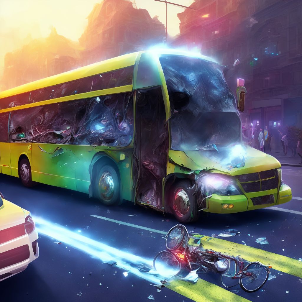 Passenger on bus injured in collision with pedal cycle in traffic accident, subsequent encounter digital illustration