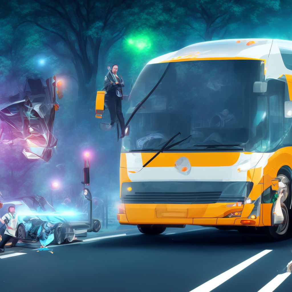 Person on outside of bus injured in collision with pedal cycle in traffic accident, initial encounter digital illustration