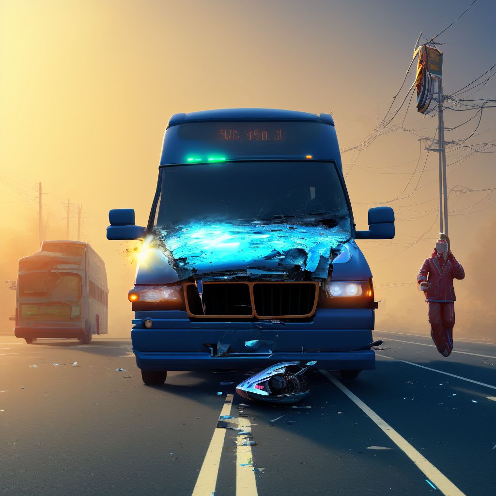 Person on outside of bus injured in collision with two- or three-wheeled motor vehicle in nontraffic accident, subsequent encounter digital illustration