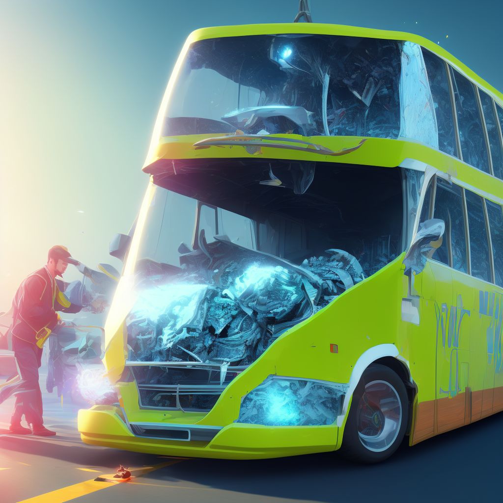 Person boarding or alighting from bus injured in collision with two- or three-wheeled motor vehicle, initial encounter digital illustration