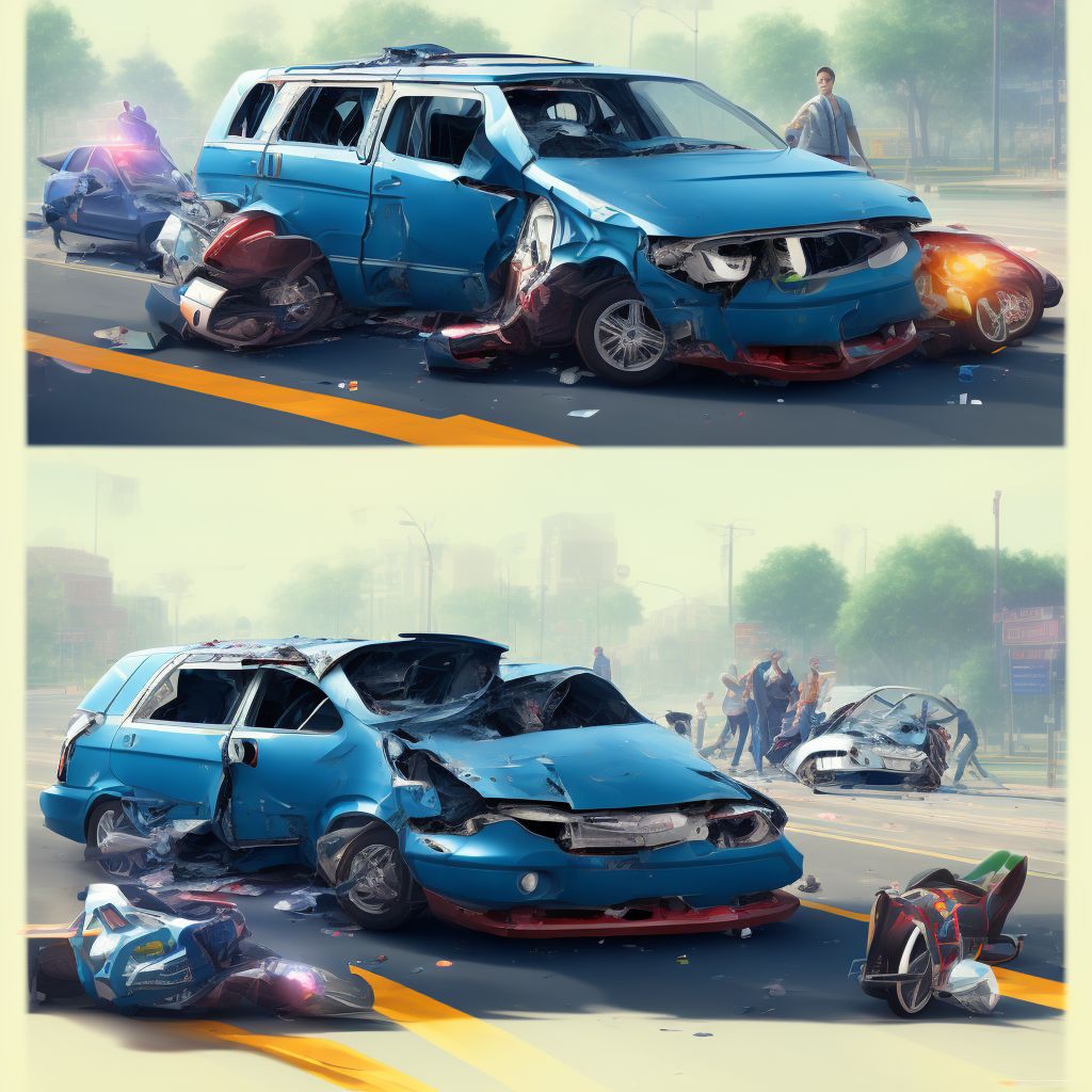 Passenger on bus injured in collision with two- or three-wheeled motor vehicle in traffic accident, initial encounter digital illustration