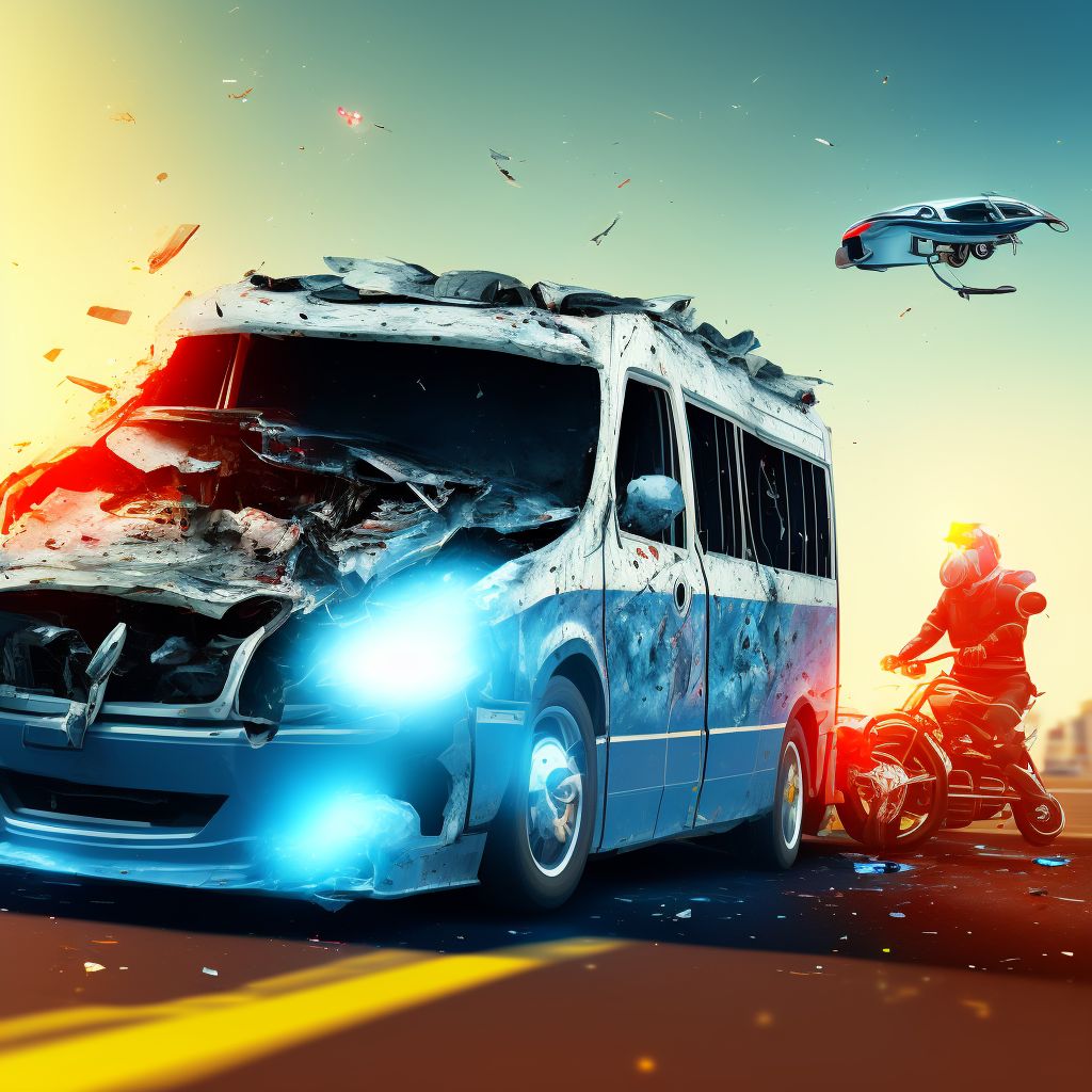 Passenger on bus injured in collision with two- or three-wheeled motor vehicle in traffic accident, subsequent encounter digital illustration